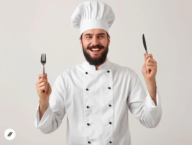 Full Body Smiling Chef in Cooking Uniform with Fork and Knife