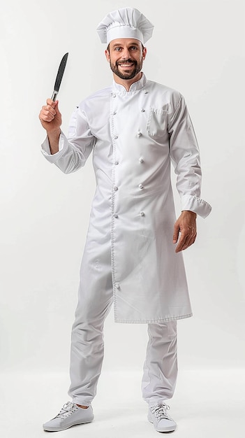 Full Body Smiling Chef in Cooking Uniform with Fork and Knife