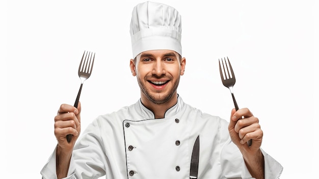 Full Body Smiling Chef in Cooking Uniform with Fork and Knife