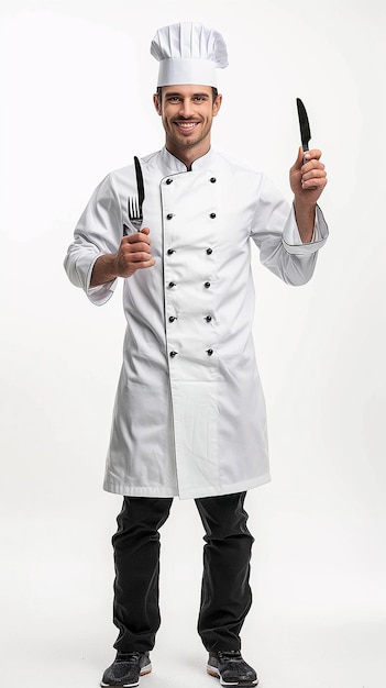 Full Body Smiling Chef in Cooking Uniform with Fork and Knife