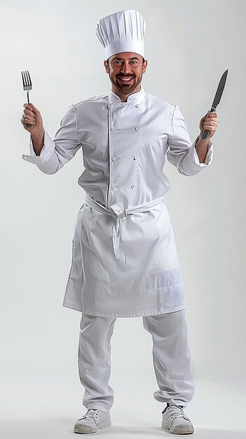 Full Body Smiling Chef in Cooking Uniform with Fork and Knife