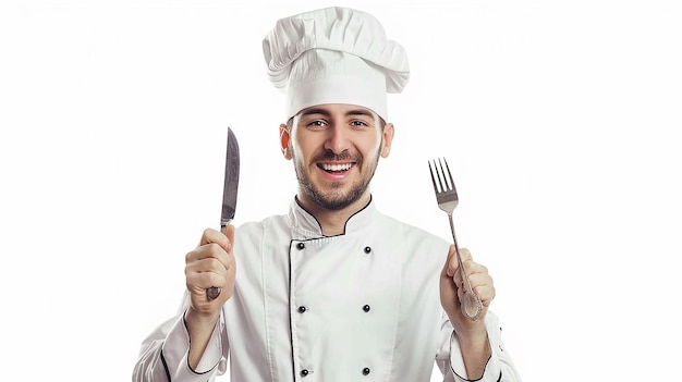 Full Body Smiling Chef in Cooking Uniform with Fork and Knife