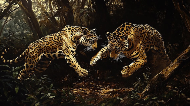 Photo full body two jaguars battling in jungle scene photo