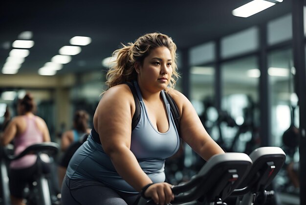 full body view Overweight plus sized woman training on exercise bike at gym