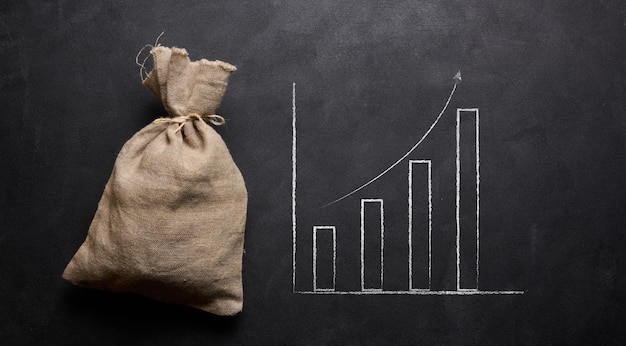 A full canvas bag and a graph drawn in chalk on a black board Growth of incomes receipt of subsidies increase in income