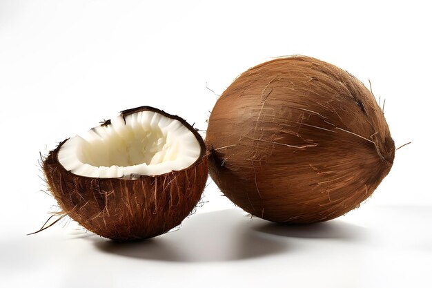 A full coconut and a half cut coconut on white background