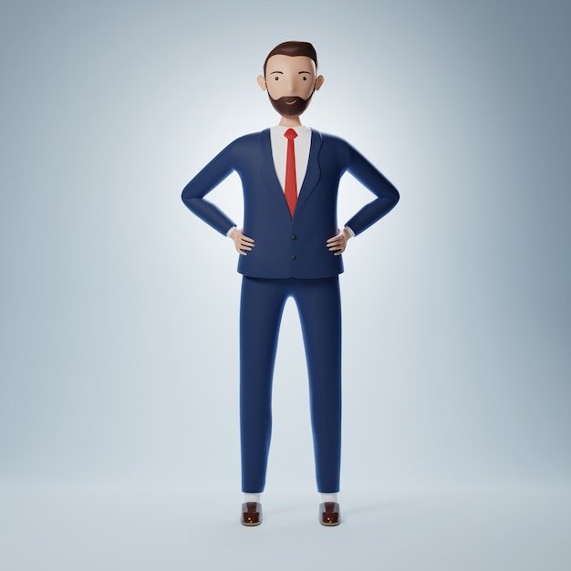 Full of confidence cartoon character businessman stand. 3d illustration