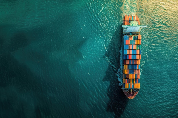 A full container ship in the ocean top view representing global trade and shipping