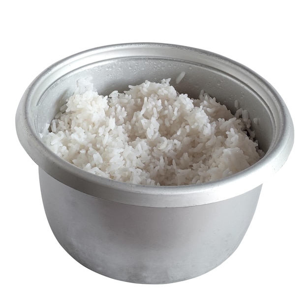 Full cooked rice in aluminum pot on white background.