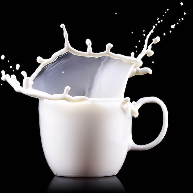 full Cup of milk and splashing milk from it isolated on black background