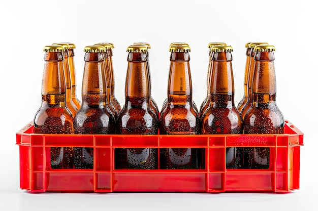 full and empty brown glass bottles of beer in red crate on white background