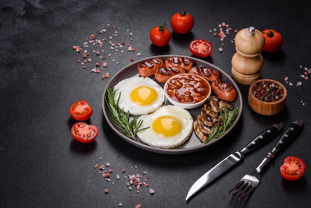 Full english breakfast bean fried eggs roasted sausages tomatoes mushrooms on a dark concrete table with toasted bread