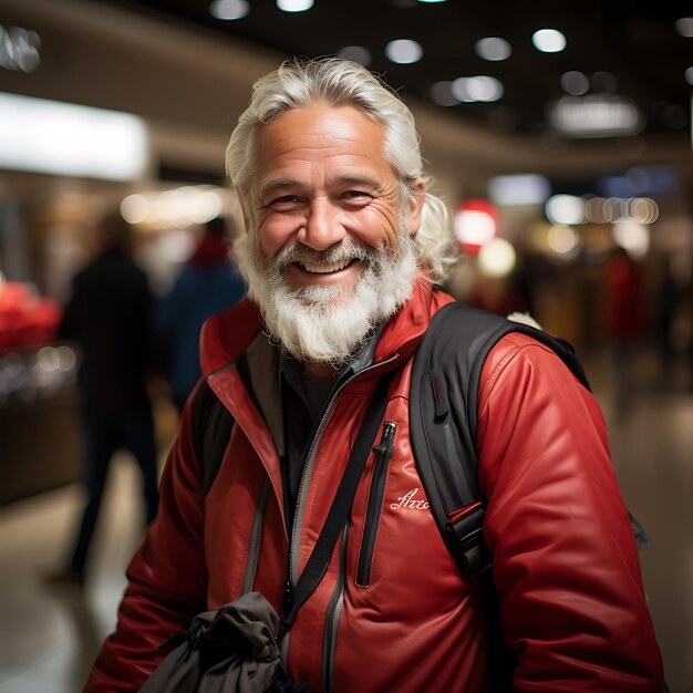 full figure happy smiling Santa Claus late night christamas shopping in a scandinavian shopping