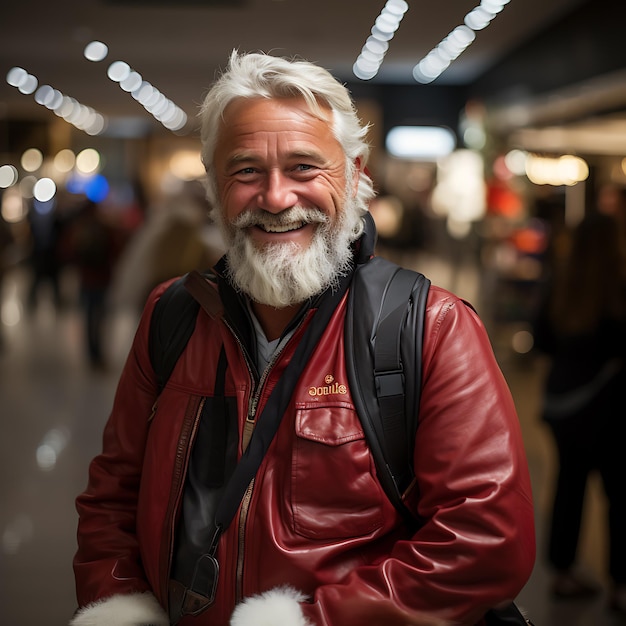 full figure happy smiling Santa Claus late night christamas shopping in a scandinavian shopping