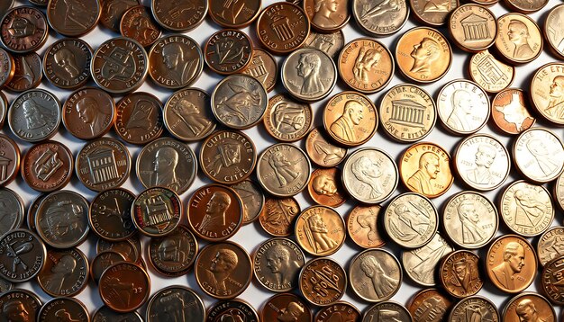 Photo full frame background of american pennies of varying ages and conditions formed into a neat pattern