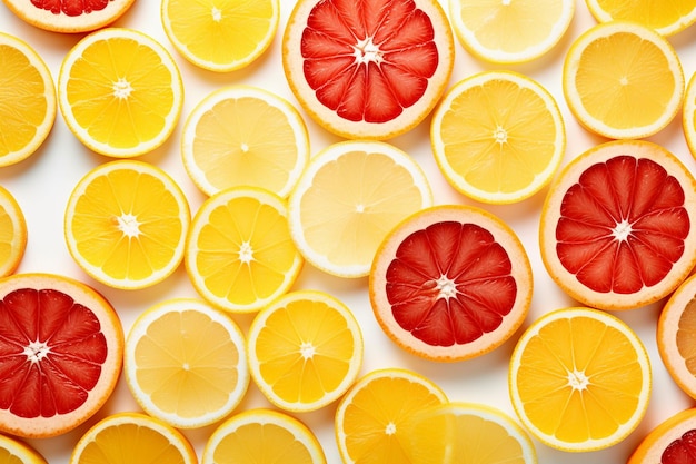 Full frame of triangular citrus fruits slices isolates on white background