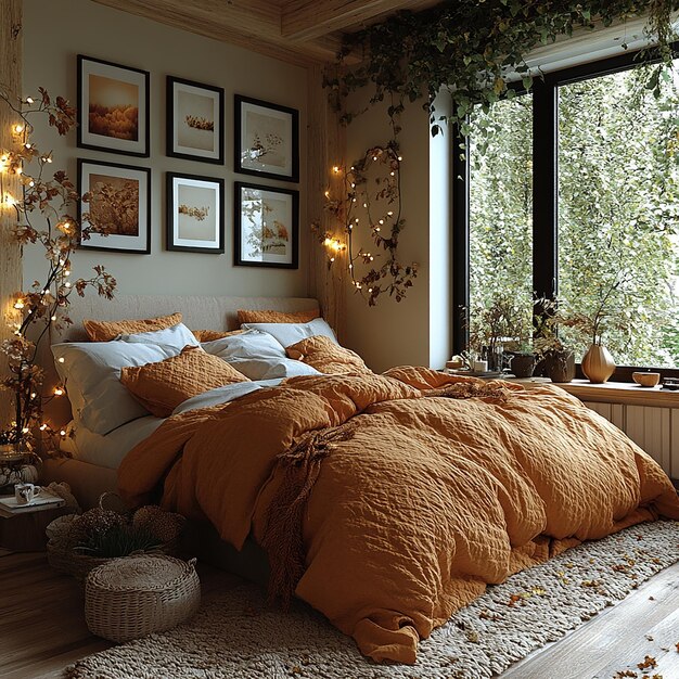 Photo full front view of a bedroom full view of a photorealistic image of a cozy fall bedroom setup incl