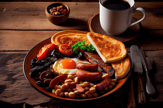 Full fry up English breakfast with fried eggs