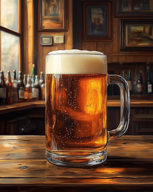 a full glass of beer sits on a wooden table