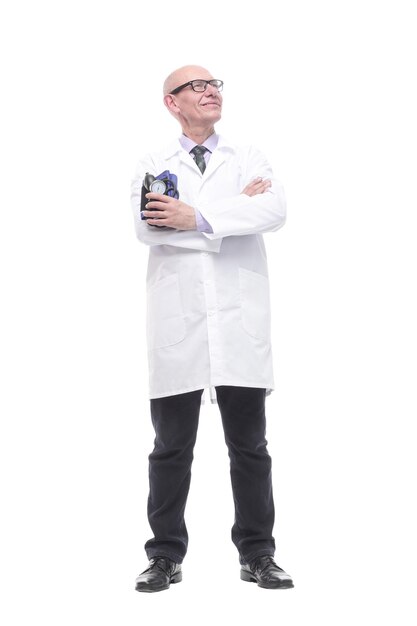 In full growth. competent doctor with a tonometer . isolated on a white background.