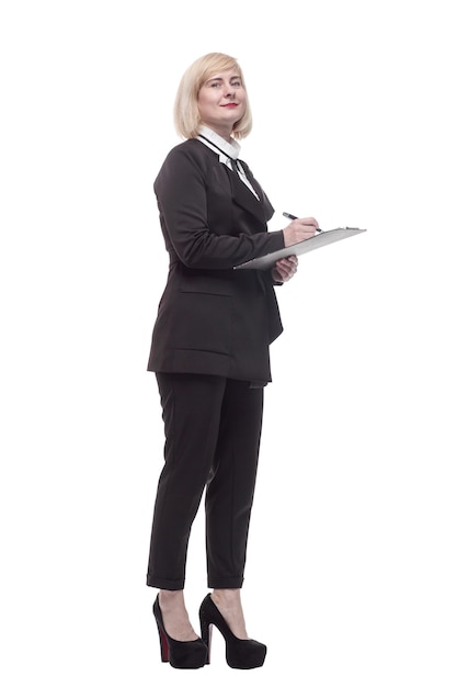 In full growth confident business woman with a clipboard