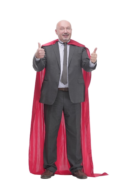 In full growth. confident businessman in a superhero Cape. isolated on a white background.