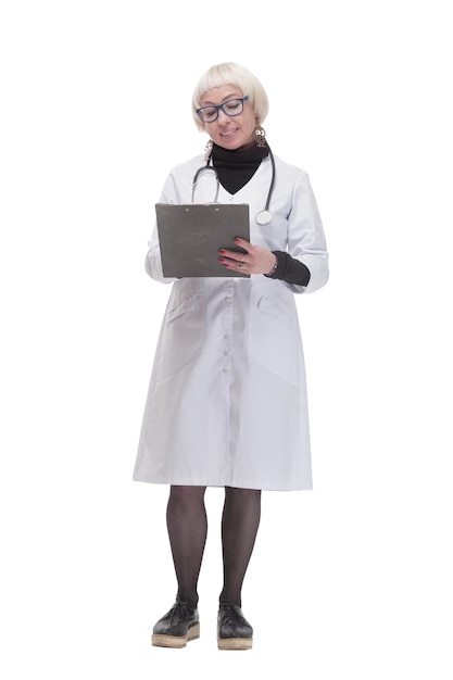 In full growth. female doctor with clipboard. isolated on a white background.