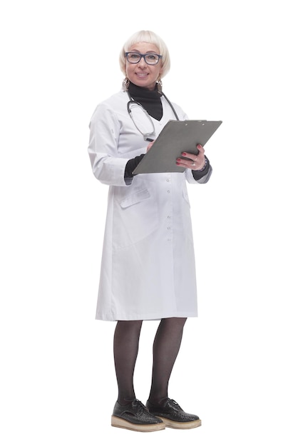 In full growth. female doctor with clipboard. isolated on a white background.