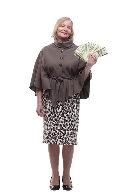 In full growth happy mature woman with dollar bills