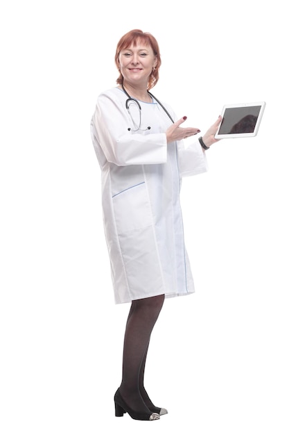 In full growth medical woman with a digital tablet