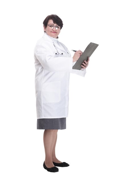 In full growth senior female doctor with a clipboard