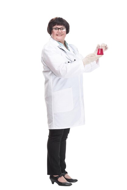 In full growth senior female doctor with a laboratory flask