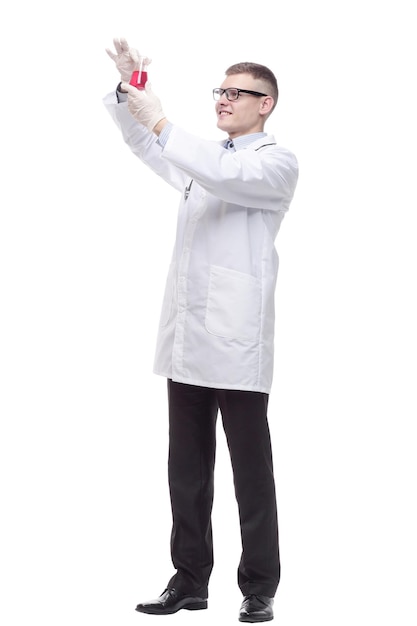 In full growth smiling doctor with a laboratory flask