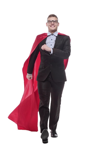 In full growth young businessman in a superhero Cape