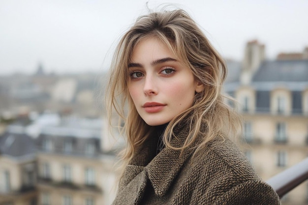 Full height portrait of pretty blond woman posing over urban