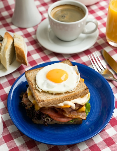 Full Italian breakfast in a beautiful morning with coffee, sandwich and egg