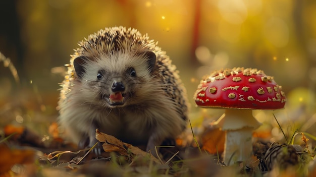 A full of joy grey hedgehog is by a mushroom Generated by artificial intelligence