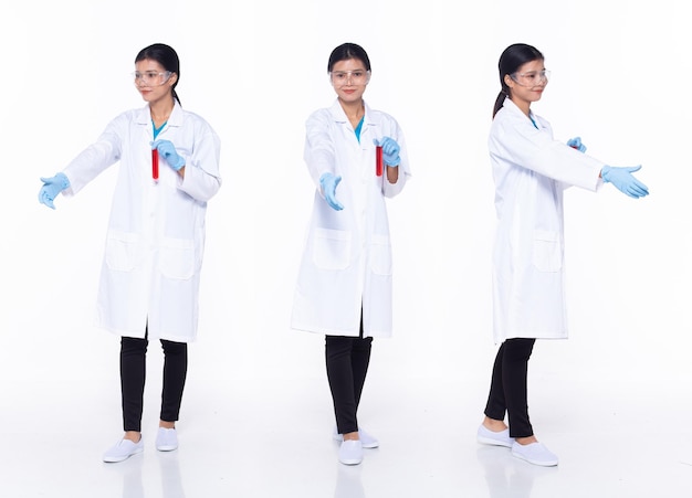 Full length 30s Asian Woman scientist science Doctor shaking hand act