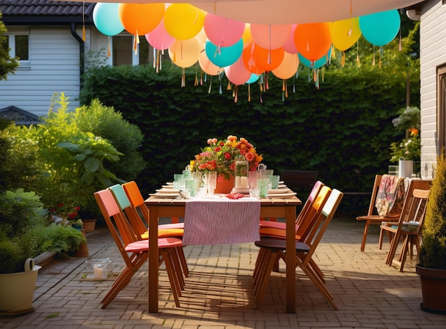 Full length background image of Summer picnic table outdoors decorated with balloons for Birthday party copy space