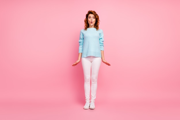 Full length body size view of her she nice-looking attractive lovely pretty amazed feminine cheerful wavy-haired girl posing pout lips incredible news isolated over pink pastel color background