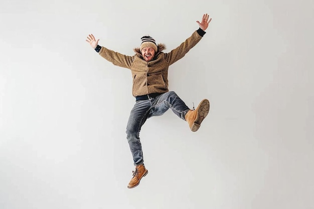 Full length of man jumping against white background