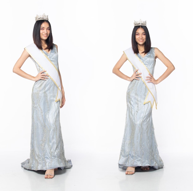 Full length of Miss Beauty Pageant Contest wear blue gray evening sequin gown with diamond crown