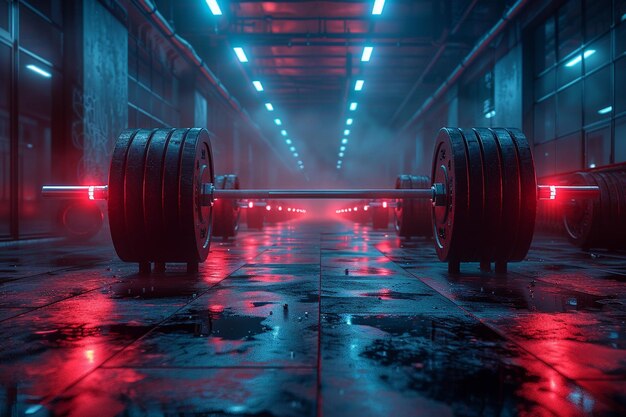 Full length of a modern gym interior with heavy weights on bars and barbells