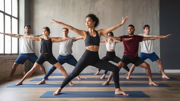 Full length motivated happy multiracial people repeating warrior first virabhadrasana pose after fi