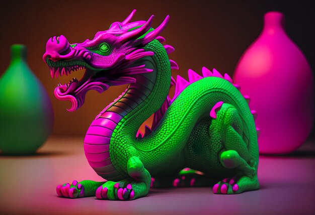 Full length plastic toy dragon rubber toy in neon colors ultra pink and green