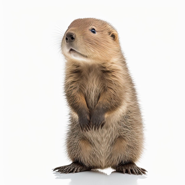 Full length portrait of a adorable baby beaver standing isolated on white background Floor with reflection Generative AI