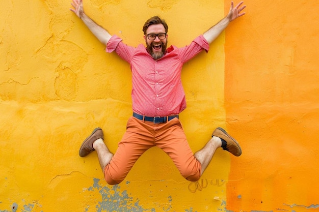 Full length portrait of cheerful man jumping against yellow wall