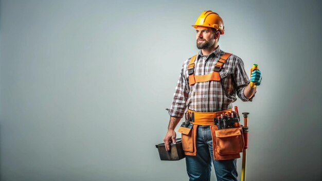 Photo full length portrait of construction worker with tools on light background