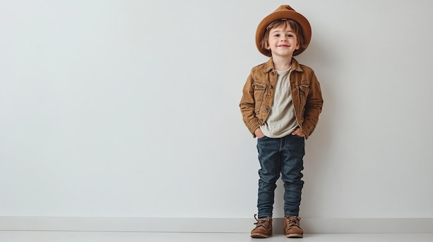 Photo full length portrait of cute little kid boy in stylish outfit