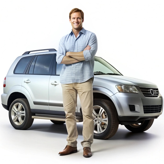 Photo full length portrait of a man leaning on a suv isolated on white background